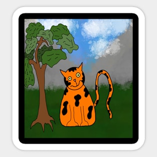 drawing orange cat by tree Sticker